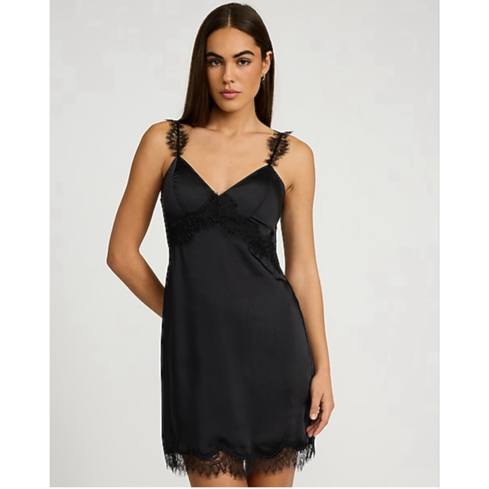 EXPRESS Black Lace Trim Satin Chemise L